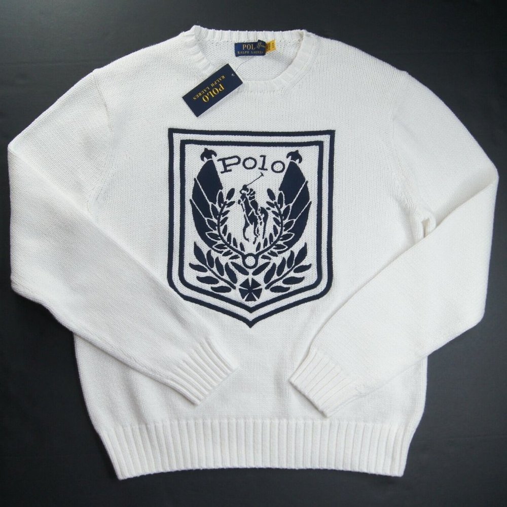 POLO RALPH LAUREN Mens SWEATER LARGE White Crest Logo Embroidered Cotton Knit